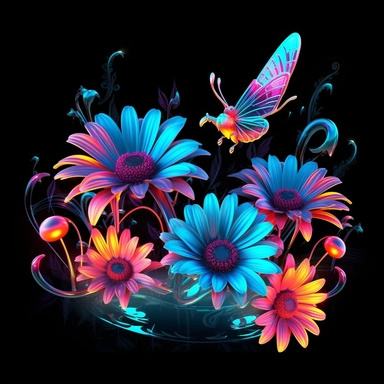 neon electric daisies with music notes fractals and butterflies, 3d clipart, transparent background