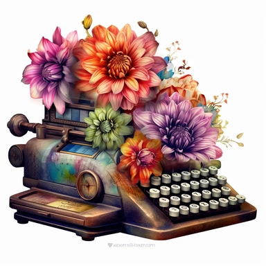 an whimsical old and used 1900 cash register profil view, enchanted collector's item surrounded by an arrangement of a number of dramatic extravagant saturated digital rainbow 3D dahlias in watercolor style, in the style of large-scale photography, lush detailing, light colors, playfully intricate, made of flowers, bloomcore, clipart, transparent png background