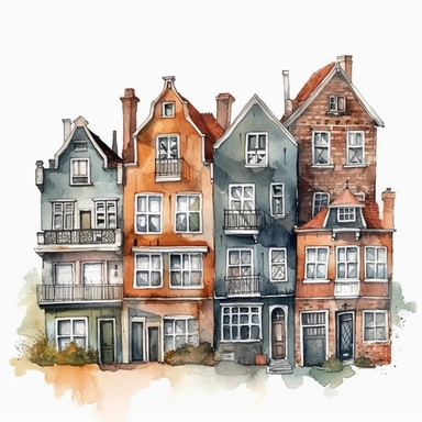 Dutch houses, clipart, watercolor, illustration