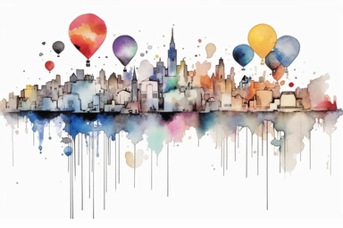 Watercolor, Generate an abstract cityscape with balloons as floating sculptures. clipart, hd, on a white background, spaced out
