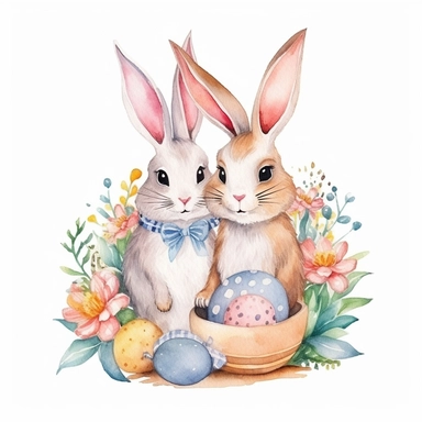 bunny family celebrating easter, easter eggs, pastel flowers, watercolor, clipart, isolated white background