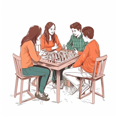 illustration drawing style of four happy teenagers playing a board game at a party. They are seated around a table. There are snacks and drinks as well as the board game on the table. the setting is realistic. The style is simplistic and used for clipart and thumbnail. Plain white background.