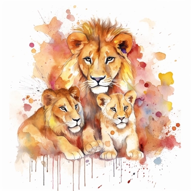 family, baby, lion and lioness,Watercolor Clipart high quality, white background , lion and lioness, cute, love