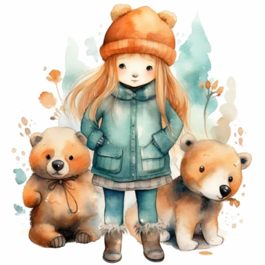 watercolor clipart cute bears with little girl, in the style of uhd image, naturecore, whitcomb-girls, cottagecore, light orange and dark cyan