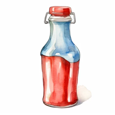 Ketchup bottle watercolor clipart, white background, neutral muted colors, high quality, hyperrealistic, detailed, vintage, color palette red, blue, white, picnic