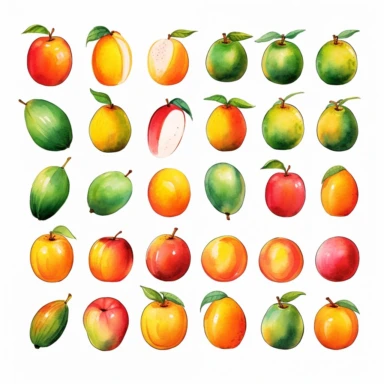Draw a set of playful and colorful, watercolor style illustrations of mangos, evenly space elements for clipart, white background