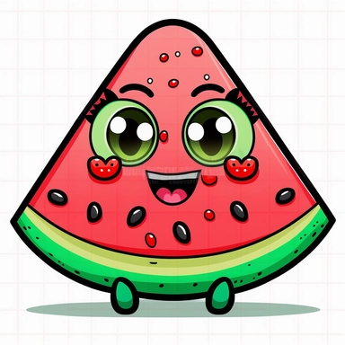 clipart kawaii watermelon wedge with small feet, big eyes, black contour, high definition, colourfull, white background