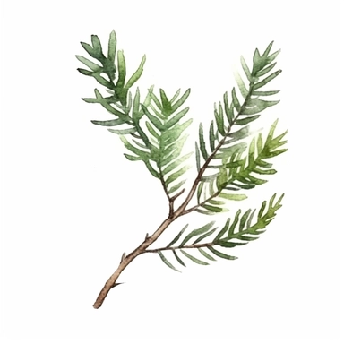 a little branch of a cedar tree leaves, watercolor clipart, green leaves, cut out, simple line art drawing, thin black outlines