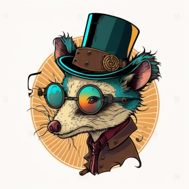 clipart, opossum with tongue sticking out, steampunk style, wearing a top hat and glasses, no background, cartoon style, vivid colors--v4