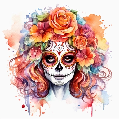 Day of the dead la catrina in the style of water color painting, vibrant colors, on a white background style by Lucy Fleming, watercolor, smooth gradients, black contour outline, ultra detailed, clipart elements, delicate pastel colors, solid white backgr