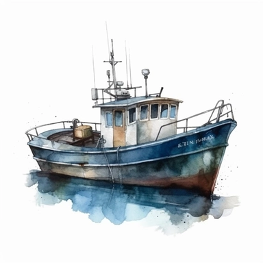 Fishing boat clipart, watercolor illustration, simple, clean, ultra-realistic, isolated on the white background, bright colors, very detailed, hd