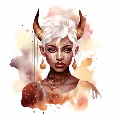 boho fantasy female elf african American clipart with pointy ears, beautiful, gold, white and, ash hair with beautiful glittery clothing in deep burgundy, white, rose gold , and splashy watercolour background