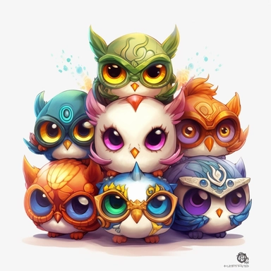 Kawaii owl, wallpaper owl, gods art, aion, jewelry, A team of 6 supportive, curious, nerdy computer cats and robots, clipart by Sarah Anderson, pure white background