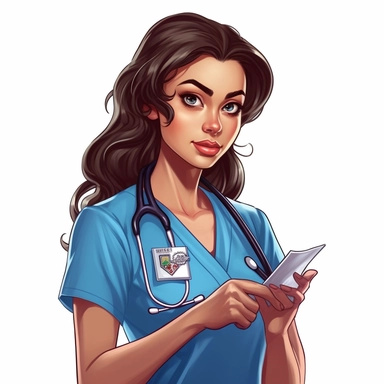 UHD, 8k, illustration postcard, cartoon clipart of an RN with a stethoscope around her neck, holding a clipboard, epic facial expression, up-close, isolated on a white background, aspect 7:4