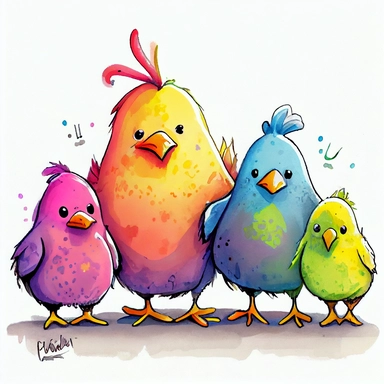 funny pink, yellow, blue, orange, and green chickens with hen mom, WITH BEAUTIFUL LEGS, like a best friend, cartoon style, white background, black outside lines, designs, white background, watercolor pencil drawing, small details, digital art, clipart, super acurate, –testp, pixar,