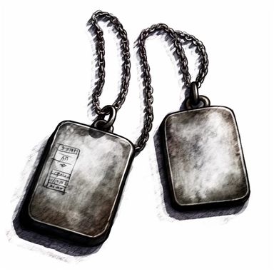 a clipart gallery of a pair of blank dog tags on a chain, world war 2, oil painitng, white background, photo realistic, gritty realism