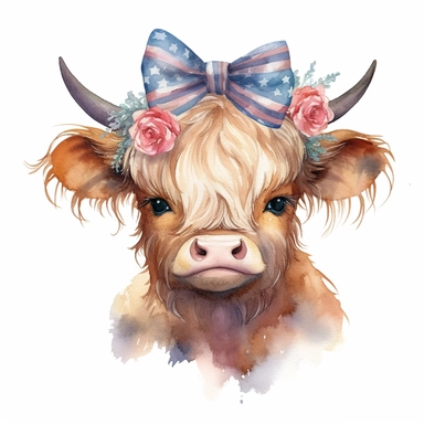 Watercolor highland baby cow wearing Big bow on head 4th of july , style by Lucy Fleming, watercolor, smooth gradients, black contour outline, ultra detailed, clipart elements, delicate pastel colors, solid white background, super clear, high qualit