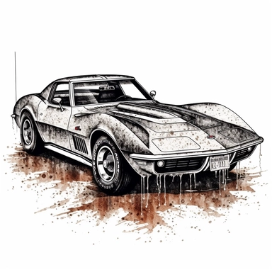 Experience the raw energy of a Chevrolet Corvette Stingray in a classic American muscle car clipart composed in large ink blocks, showcasing the perfect blend of performance and elegance. In HD on a white background.