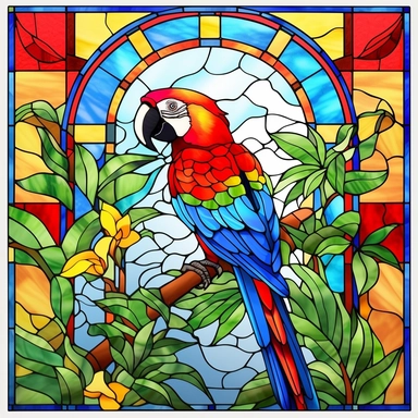Rectangular stained glass window design, 90 degree squared corners, no background, looking out of an atrium sunroom, a macaw bird on the branch of a tree in a rainforest, very detailed, clipart, clear crisp colors, photorealistic, oil paint, happy, beautiful, bright colors, cute, ultra-detailed, on a white background - - no cropping