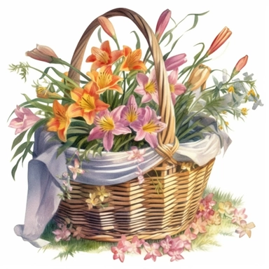 Clipart Watercolor in a colorful countryside setting with wild vegetation, a wicker basket with a bunch of beautiful colorful lilies inside the basket, the basket decorated with silk ribbons, delicate shadows, detailed realistic, white background