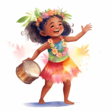 watercolour, adorable little hula dancer, she is 4 years old, dancing and playing a Hawaiian looking little drum, clipart