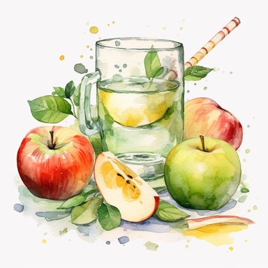 A clipart of An Apple endearing watercolor clipart of Apple playing with elements bowl juice glasses 300DPI