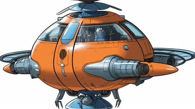 A simple clipart of a low-level flying machine with a military air, similar in structure to a flying saucer, with a glass shroud at the top and a device that emits electromagnetic waves for attack at the bottom, using mainly orange, white and blue colors, with less detail in the image, Japanese manga, with a white background, sharp angles and contrasts, clear outlines, by Justin Roiland and Yoji Shinkawa