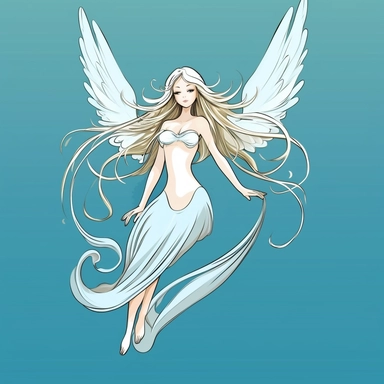 Create a cartoon-style clipart of a gossamer sylph gracefully suspended in mid-air, as if she were being kissed by the sky itself. Her delicate, gauzy wings should be visible, along with her flowing hair and ethereal gown. Use a high-contrast background to make the figure pop, such as pure white or deep black. The overall effect should be whimsical and airy, as if the viewer is catching a glimpse of a mystical creature from a storybook.