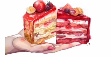 watercolor clipart white background a person is holding one slice cake, in the style of multi-layered compositions, red and beige, raw versus finished, i can't believe how beautiful this is, smilecore, ferrania p30, bunnycore