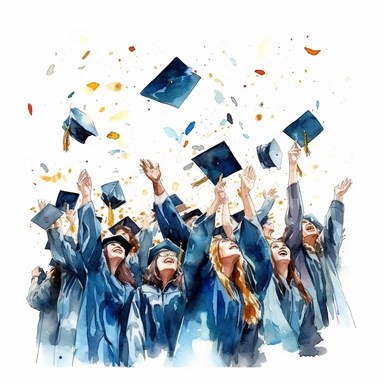 watercolor style, Graduation hat toss: Clipart showing a group of graduates throwing their caps in the air, celebrating the completion of their studies. clearly visible faces of participants. clipart, isolated on white background, 4K