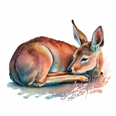 a colorful watercolor detailed illustration of a sleeping doe, clipart, digital art, white background