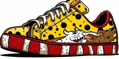 animal clip art spotted dog clipart, in the style of japanese traditional art influence, yellow and red, shoe paintings, trompe-l'œil illusionistic detail, aerial view, cultural satire graffiti, double lines