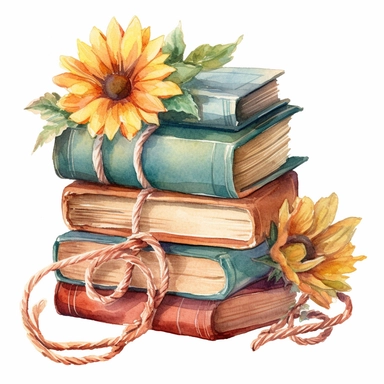 watercolor clipart of beautiful pastel old pile of books wrapped wiith cords and sunflowers ornament, vintage style