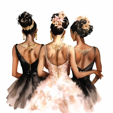 glamour dolce & gabbana half body back shot, watercolor white wedding dress bride wedding black bride hairstyle with beautiful gold headpiece clipart, + two black bridesmaids in pink dress black hair, hd, isolated on white background, spaced out ar 3:2
