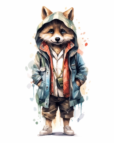 cute Woodland cartoon wolf with clothes Clipart Watercolor, white background, realistic, very detailed