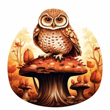 a beautiful cartoon owl sitting mushrooms, 70's style, CLIPART, WHITE BACKGROUND, in the style of felicia simion, natural colors, brown, tan, earth tones, neutrals, natural owl colors, gradients, ian miller, #screenshotsaturday, pattern-based painting, bess hamiti, white background,