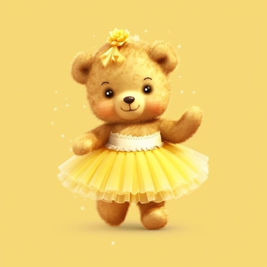 Adorable cute fantasy Teddy bear dressed like a Romantic ballerina, wearing yellow tutu, nursery art, clipart image, lineart image, solid background, high contrast with background , very detailed, 8k