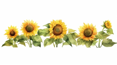 watercolour long row of sunflowers in a field clipart, hd, detailed, earth tones, white background, spaced out