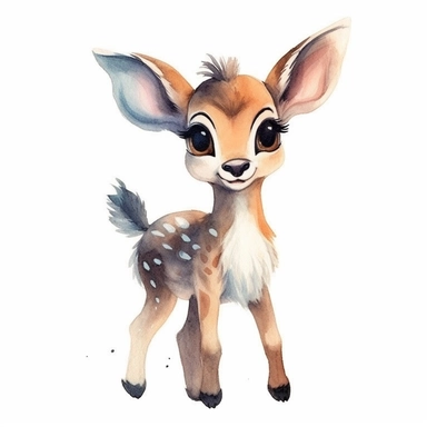 adorable bambi, expresion, watercolor, handpaint, white background, clipart,