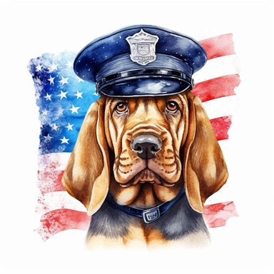 watercolor clipart, cute Bloodhound, in style policeman, Police Badge collar, Police Uniform, police Hat or Cap, background american Flag, suitable for printing, hyper detailed, 300 dpi, 8k, high solution, no watermark
