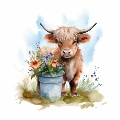 watercolor painting, super cute adorable highland baby cow smiling, full body standing on the grass, surraunded by meadow flowers, eating flowers from the basket, side view, dynamic colors, ultra detail, clipart, png, white background