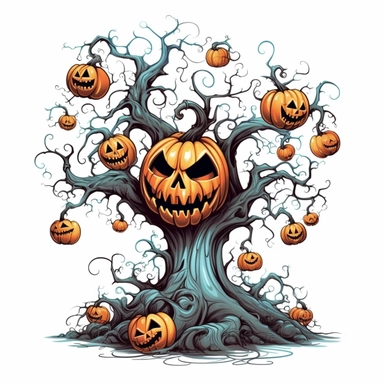A whimsical spooky tree with a friendly face, twisted branches, and glowing pumpkins hanging from its limbs. White background, vector, cartoon clipart, contour.