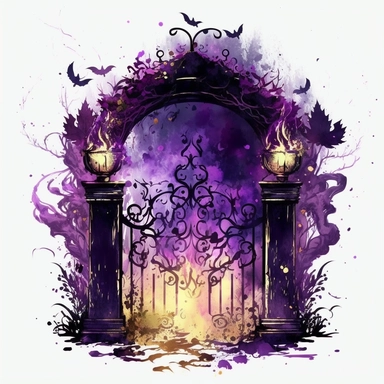 wizard garden gate, mystical, magical, gate, potionts, purple colours, mystical flames, watercolour mystical waves, candles, high definition, high quality, clip art, 4K