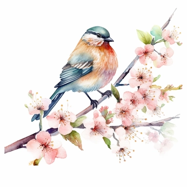 one watercolor clipart bird on a white background, in the style of cherry blossoms, light emerald and light brown, made of paperclips, pointillist florals, whimsical animation, colorful gardens, vintage charm, no watermark, text, words, paintbrush, 300 DPI , typography, the images do not stick together, no text in the picture
