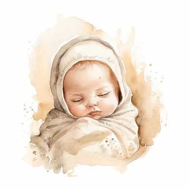 cute watercolor newborn soft beige sleeping baby in crible, watercolor effect, isolated white background, babyshower clipart, soft white tones