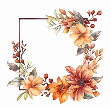 fall floral, watercolor floral clipart, fall floral rectangle frame border, insanely detailed, photorealist, white background