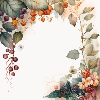 watercolor dusty red floral in the far bottom left corner and far top right coner only, and blackberries in the far bottom left left corner and far up right corner only, clipart, orange, white background, no text