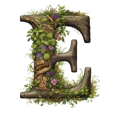 vintage letter E Made Of Tree with vines wrapped around, flowers. moss clings to, illustration clipart, high detailed, white background, digital art