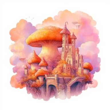 fantasy mushroom city in the clouds at sunset. clipart. watercolour.