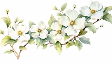 Watercolor clipart of delicate golden dogwood flowers, branches and leaves, on white background